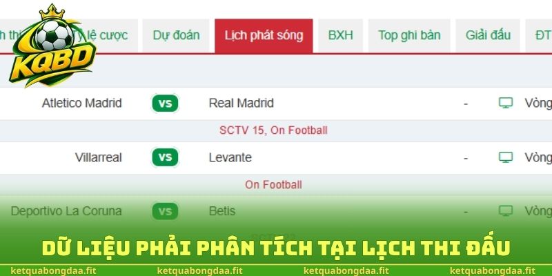Dữ liệu phải phân tích tại lịch thi đấu
