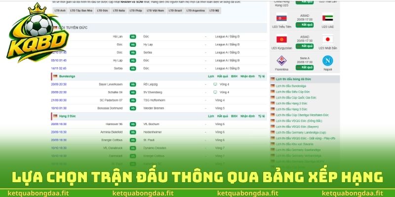 Lựa chọn trận đấu thông qua bảng xếp hạng